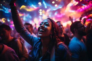 vibrant and colorful photo of people dancing under the glow of neon lights at a music festival. Their exuberant expressions convey the uplifting energy of the event.