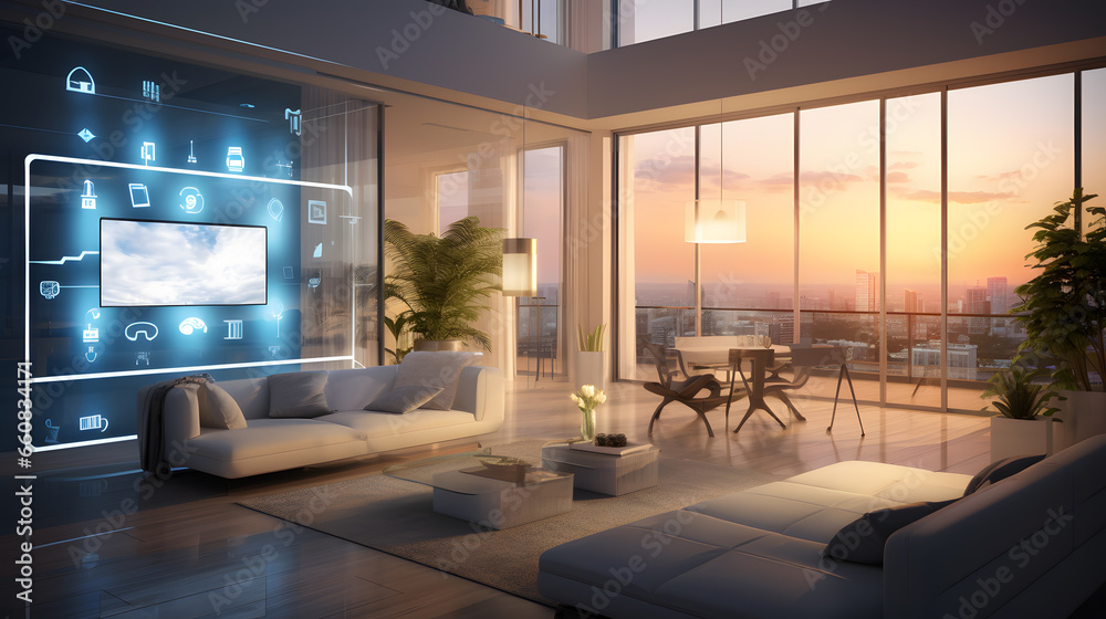 Wall mural the concept of the internet of things with an image of a smart home with artificial intelligence tec