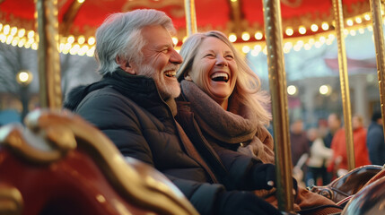 merican old couple happy on carousel in mall, serenity - Generative AI