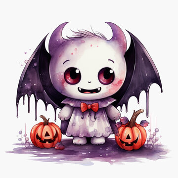 cute watercolor vampire with pumpkins clip art preview