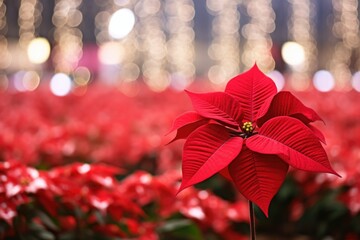red poinsettia with a blurred christmas tree background