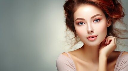 Naklejka premium Portrait beautiful perfect woman with beautiful. and perfect skin, cosmetics, skincare, makeup, wellness concept with empty copy space for text background color studio