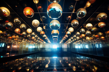 mirrors around the mirror ball hanging from the ceiling of the club - Generative AI