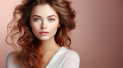 Fototapeta premium Portrait beautiful perfect woman with beautiful. and perfect skin, cosmetics, skincare, makeup, wellness concept with empty copy space for text background color studio