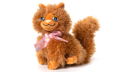 Fluffy stuffed toy cat isolated on white.