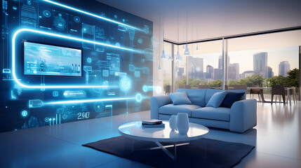 the concept of the Internet of things with an image of a smart home with artificial intelligence technology. Wide range of systems and devices within a household.