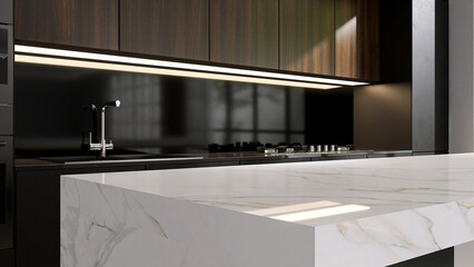 Elegant kitchen with modern white marble island, black cabinet counter, wooden cupboard, stove,...