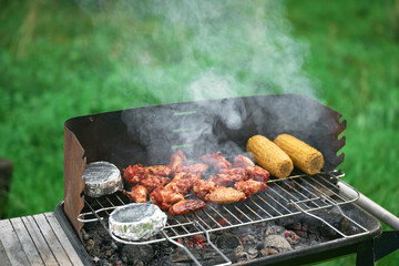 BBQ Chicken Wings, Corn, and Camembert Cheese on the Grill. Summer Feast. BBQ Delight outdoors