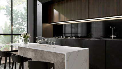 Elegant kitchen with modern white marble island, black cabinet counter, wooden cupboard, stove,...