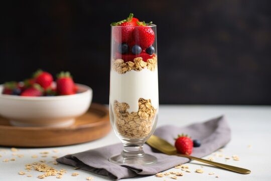 oats and yogurt parfait in a long stem glass