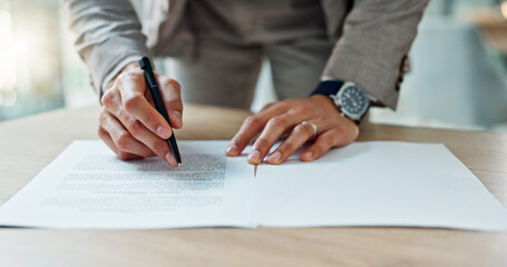 Business, hands and writing signature on contract or legal documents for application or agreement...