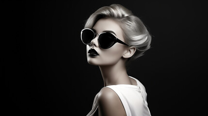 Beauty Fashion model girl black and white portrait, sunglasses, retro style, copy space - Generative AI
