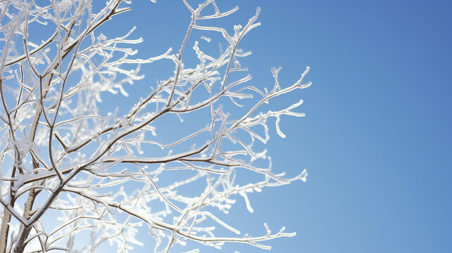 Winter blurred background with frost branches on light blue sky backdrop. empty space in the center of the image - Generative AI
