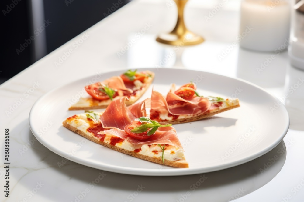 Sticker pizza slices served on a white ceramic plate