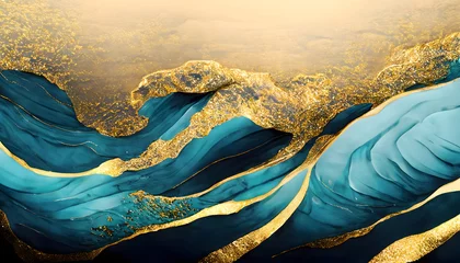 Fotobehang Abstract art wave curve flowing teal blue and gold in concept luxury, ocean wave, sea for background, banner. © Stima