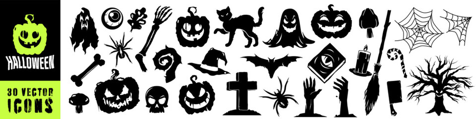 Halloween icon set. Silhouette symbol set. Grunge style.