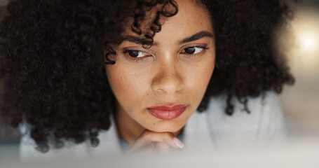 Thinking, ideas and businesswoman on a computer in the office doing legal research for a case. Technology, reading and professional attorney from Mexico working on a law project in modern workplace.