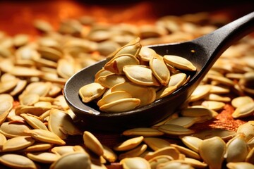 closeup of a spoonful of pumpkin seeds