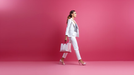 stunning pretty girl shopping center client hold bags wear white plaid pants stilettos isolated bright shine color background - Generative AI