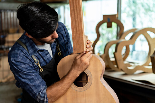 Guitar Luthier Aligns Guitar Neck on Body with Precision Ruler