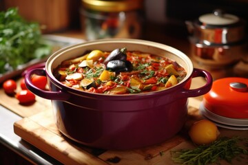 ratatouille being cooked in a ceramic pot
