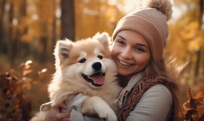 Woman and her kid and puppy in Autumn season