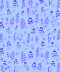 Abstract plant leaf and flowers art seamless pattern with colorful freehand doodle collage. Organic leaves cartoon background, simple nature shapes in vintage purple colors.