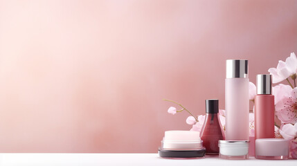 Make up products prsented on white podiums on pink pastel background - Generative AI