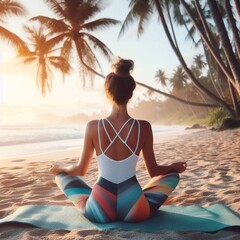 woman doing yoga on the beach - obrazy, fototapety, plakaty