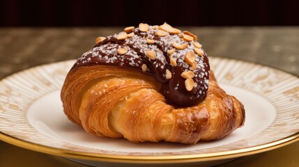 Premium chocolate croissant for servings in cafe and restaurant on elegant beautiful background,and for presentation advertising a new menu.