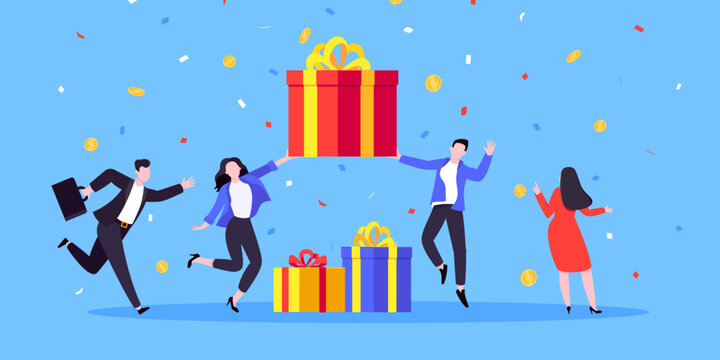Earn loyalty program points, get online reward and gifts. Get loyalty card and customer service business concept flat design vector illustration. Tiny people won big gift box prize.