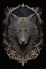 A wolf's head with a mandala on its forehead. The mandala is made up of intricate geometric patterns and symbols
