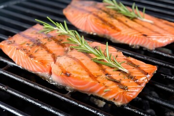 salmon steak with grill marks with rosemary sprigs on top