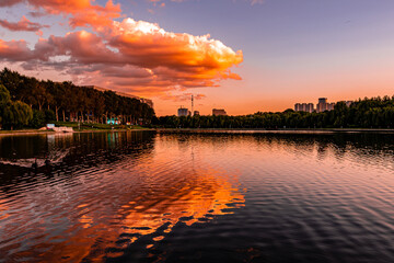 Obraz premium Sunset landscape of southern new town in Changchun, China 