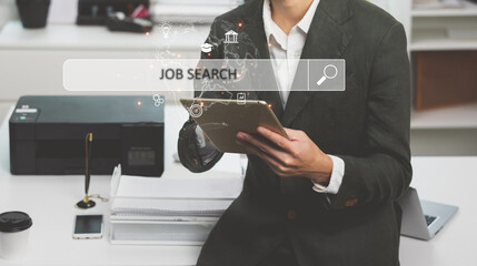 Job search concept, find your career, businessman looking at online website by smartphone. Data Search Technology. 
