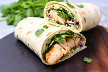 cilantro grilled shrimp wrap with coleslaw on a stone plate