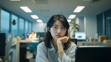 no special light, nervous pose, facial trouble, nomal asian girl in office, working for advertising company, watching left side - Generative AI