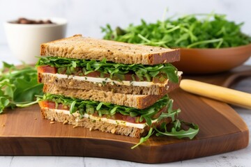 multi-layer sandwich with arugula on a bamboo board