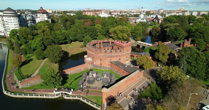 Buildings of the Amber Museum in Kaliningrad, aerial view. Famous Tower of the Don in a fortification in the center of Kaliningrad, top view. Landmark of Kaliningrad, Russia