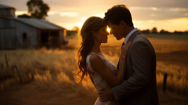 stunning wedding photography on a barn at sunset - Generative AI