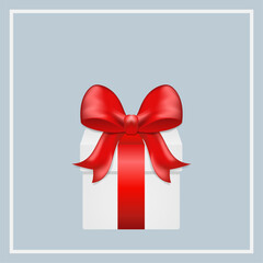 Greeting card background. Light gift box with a red bow and ribbon on a gray background. Gift for birthday and valentine's day. Holiday vector illustration for sale day. Cyber Monday and Black Friday.