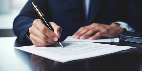 signing a business contract approval, contract documents confirmation or warranty certificate, employment idea, project review, Business paperwork, businessman signing document - Generative AI