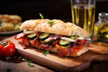 Zelfklevend Fotobehang italian capicola sandwich with pickles on a baguette © Alfazet Chronicles