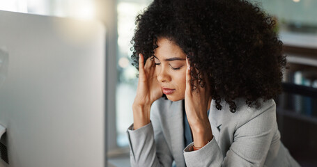 Business, headache and woman with pain at work of stress, fatigue or anxiety in office or desk....