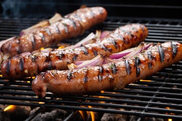 large bratwursts on a grill with beer and onion mix applied