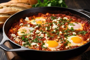 shakshuka topped with feta cheese in a stainless-steel pan