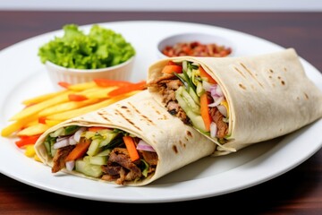 shawarma wrap with vegetables on a white plate