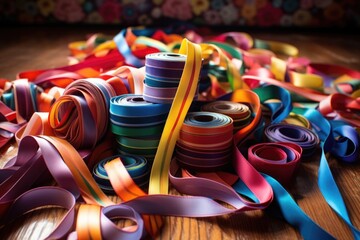 colorful ribbons and wrapping paper rolls