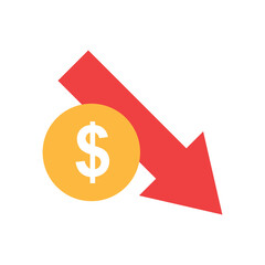 coin money dollar cash value down with red arrow pointing down represent financial loss economic down recession