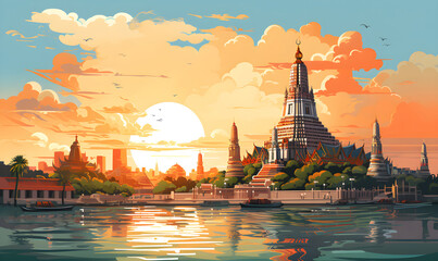 Fototapeta premium Scenery of Wat Arun, Bangkok, Thailand in illustrations, presentation images, travel image ideas, tourism promotion, postcards, generative AI